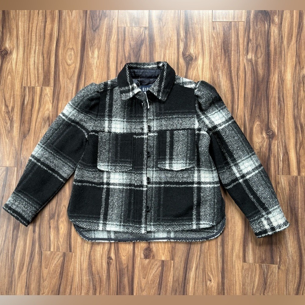 GAP Shacket Womens M Plaid Flannel Shirt Jacket‎ Black White NWT